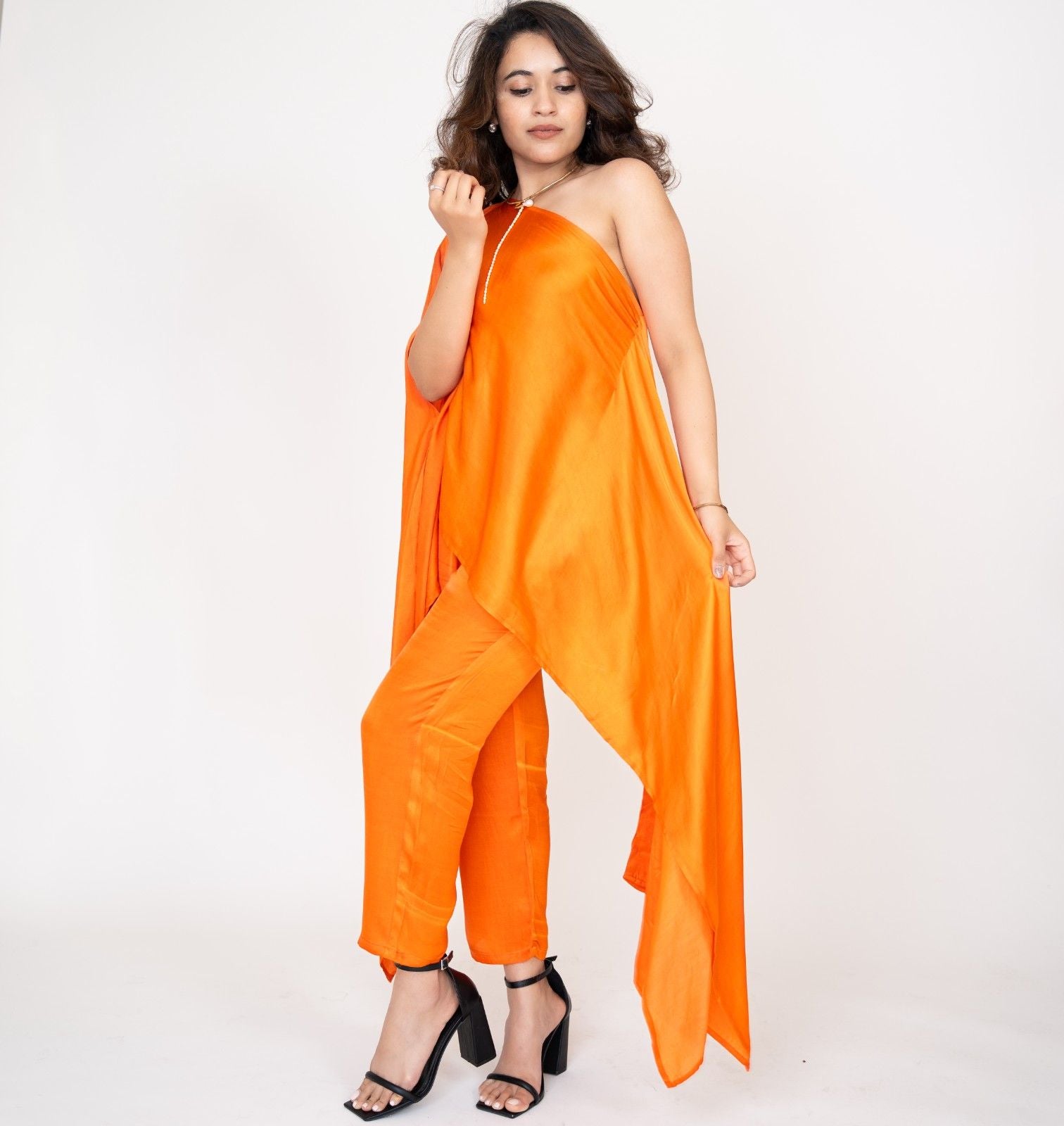 Tangerine Silk Kaftan Ensemble